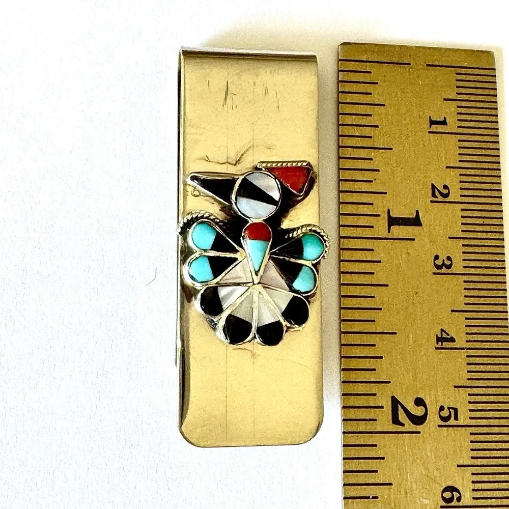 Turquoise Thunderbird Money Clip Silver 2in Mens Gift Signed Nastacio Zuni Inlay
